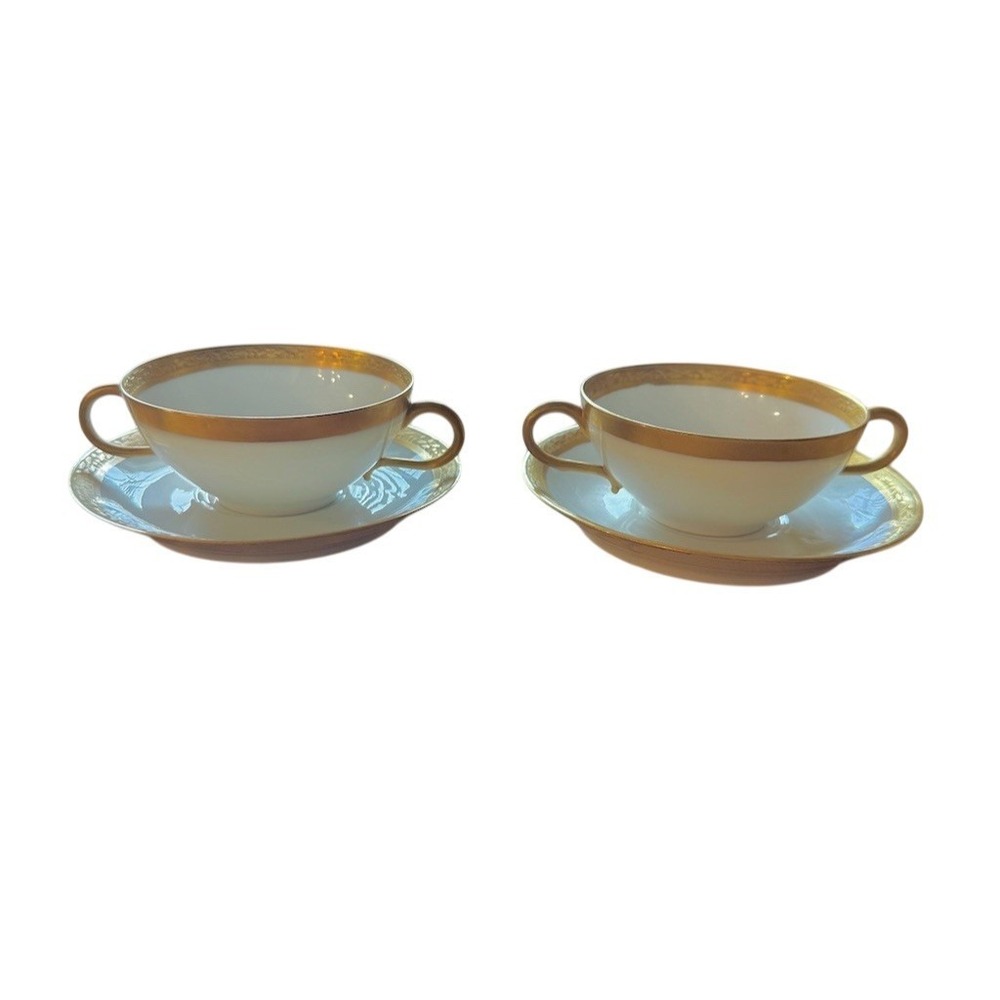 Limoges Double Handled Bouillon Cups & Saucers Set of 2 White Gold Trim France